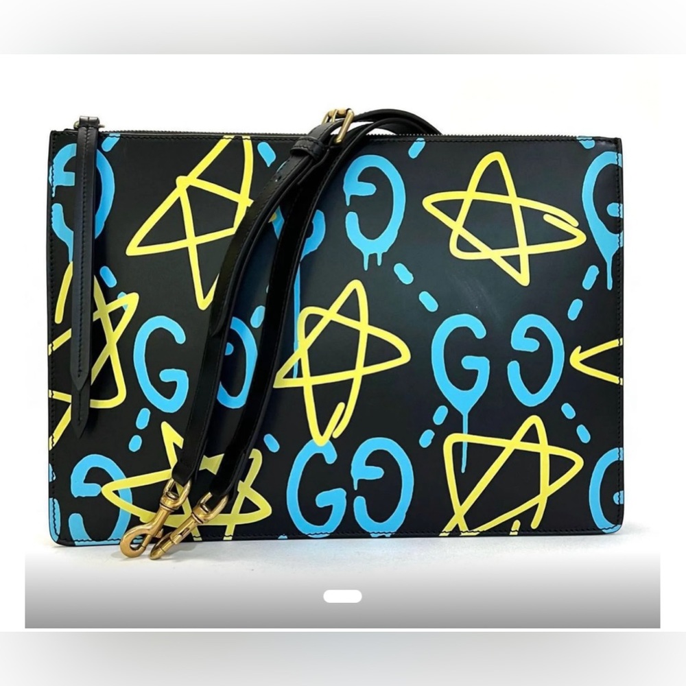 Authentic Gucci Calfskin Ghost Print Messenger - Black